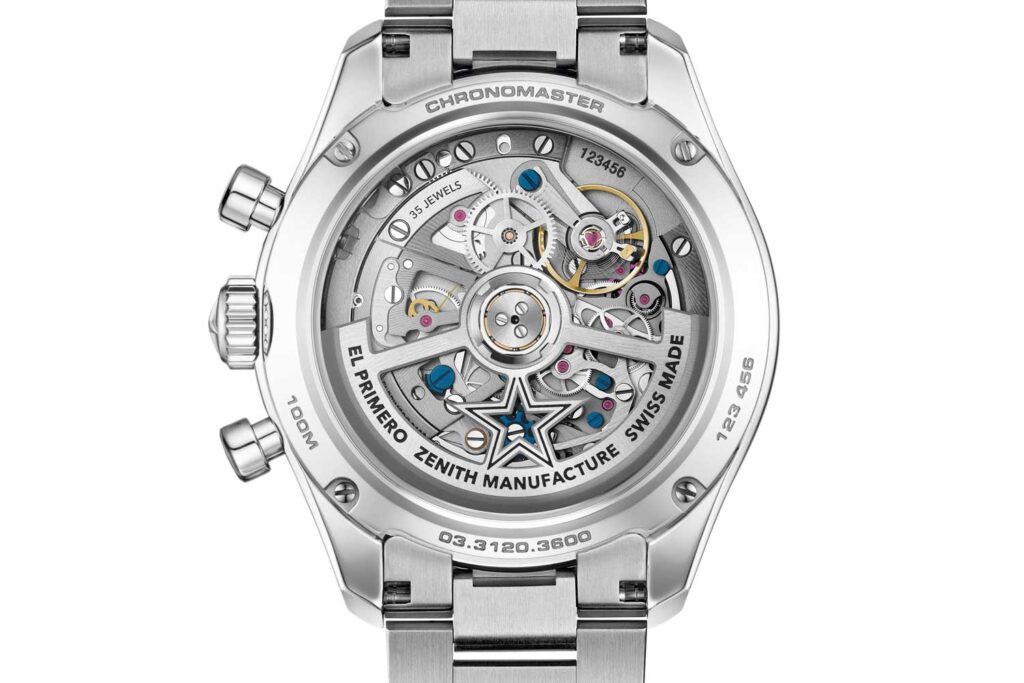 Automatikwerk El Primero 3600 von Zenith, Ansicht durch den Saphirglasboden der Chronomaster Sport Meteorite