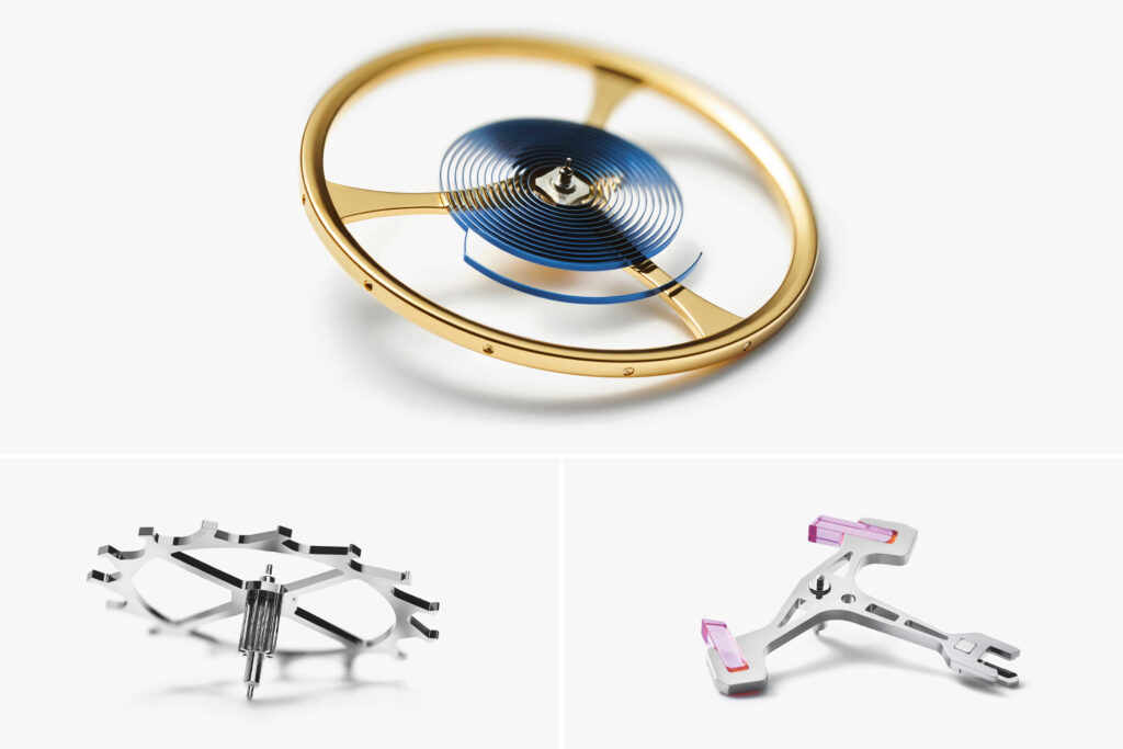 Anchor, escape wheel and balance wheel of the Nomos Swing System by Nomos Glashütte