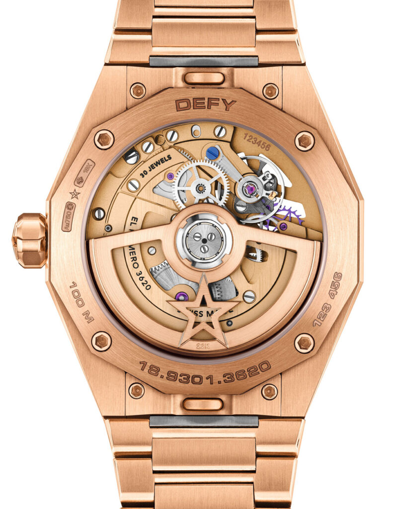 Back of Zenith Defy Skyline Skeleton rose gold wristwatch with El Primero 3620SK movement