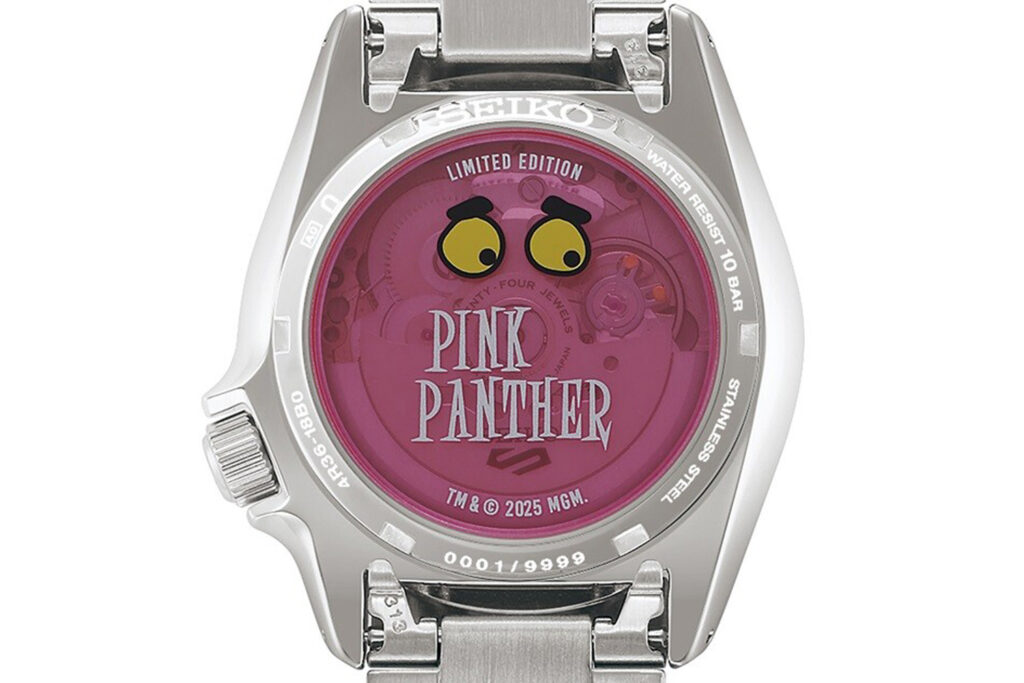 Back of the Seiko 5 Sports SKX Series Pink Panther Limited Edition with two eyes and transparent case back through which the automatic movement can be seen.