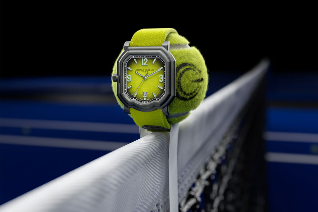 Maestro GC Sport in ‚Optic Yellow‘ von gerald Charles, gespannt um einen tennisball, auf einem Tennisnetz