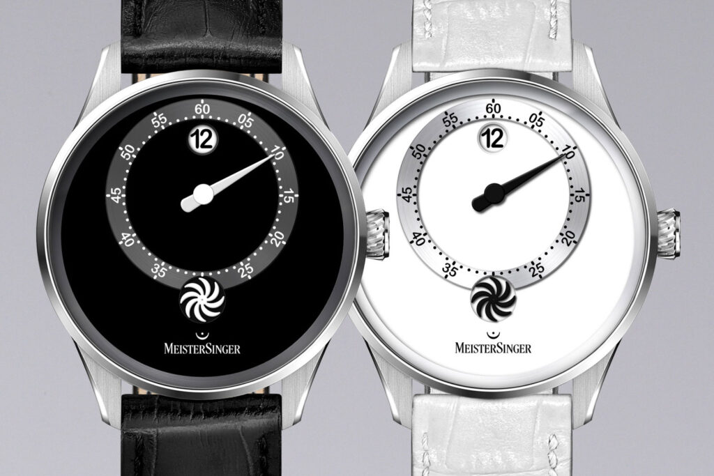 2 Panthero Jumping Hour von MeisterSinger mit schwarzem und weißen Zifferblatt