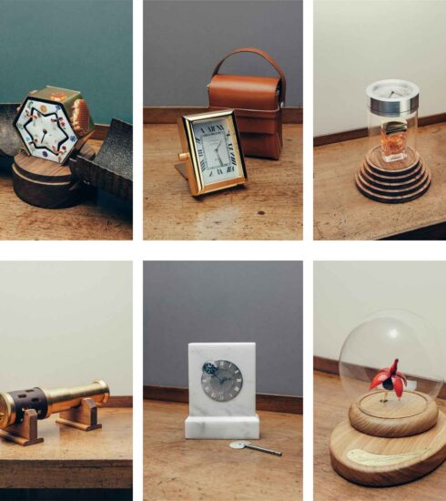Die Gewinnerobjekte des Cartier-Wettbewerbs 2024: Marta Maziers (La Reine du Temps), Yann Mayer (Inverso), Coline Riondet (Présentoir à parfum), Hugo Mandrillon (Œil du Temps), Samuel Pauly (Nefertum) und Simon Girard (Ballet floral)