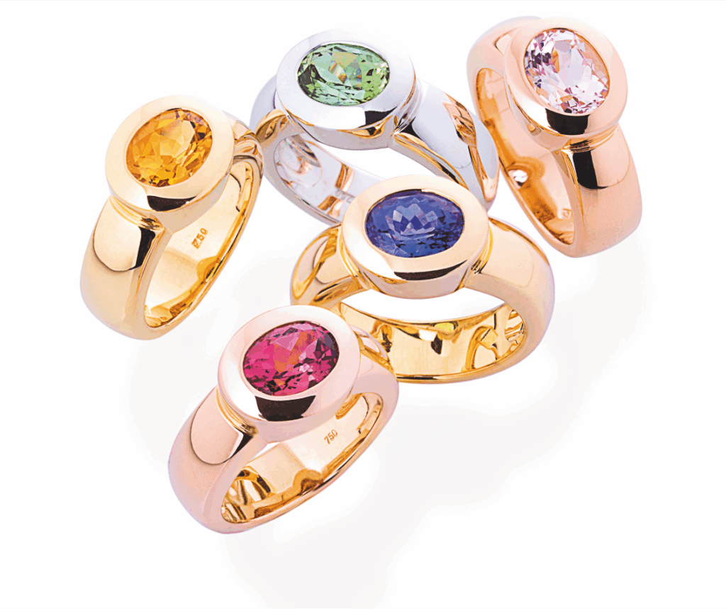 Just Simple Petit RInge in 750/- Gold mit Citrin, grünem Turmalin, Tansanit, pinkem Turmalin und Morganit