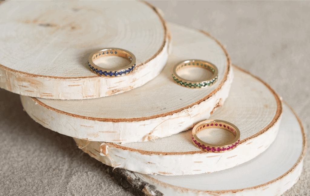 3 colored memory rings on wood