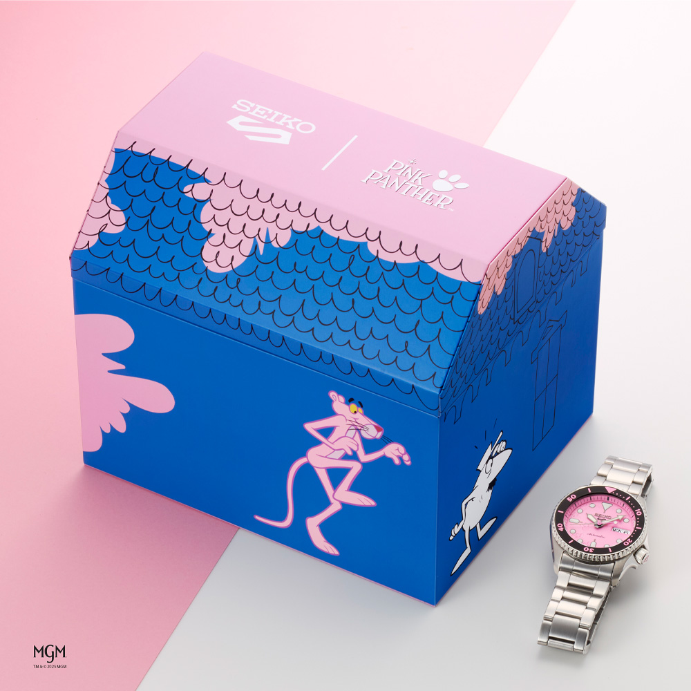 Special packaging of the Seiko 5 Sports SKX Series Pink Panther Limited Edition in the shape of a house with a printed Pink Panther figure.