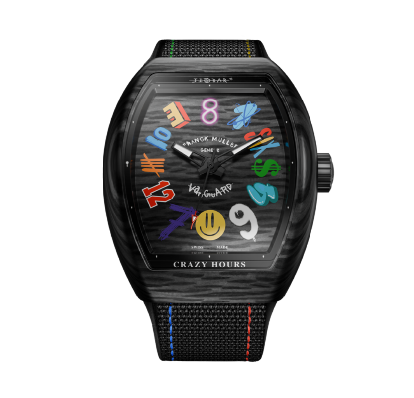 Eine Uhr von Franck Muller Vanguard Crazy Hours Jisbar Carbon