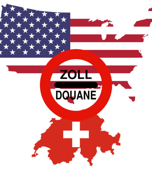 Umrisse der Länder USA und Schweiz in den jeweiligen Landesfarben sowie ein Schild mit der Aufschrift Zoll Douane
