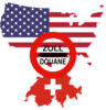 Umrisse der Länder USA und Schweiz in den jeweiligen Landesfarben sowie ein Schild mit der Aufschrift Zoll Douane
