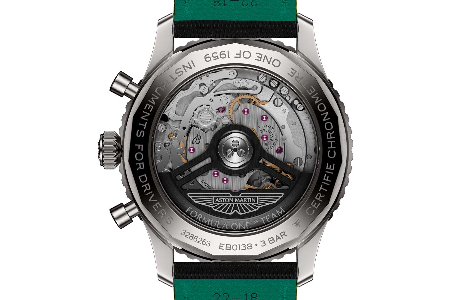 Rückseite der Navitimer B01 Chronograph 43 Aston Martin Aramco Formula One Team von Breitling, Blick auf das Kaliber 01