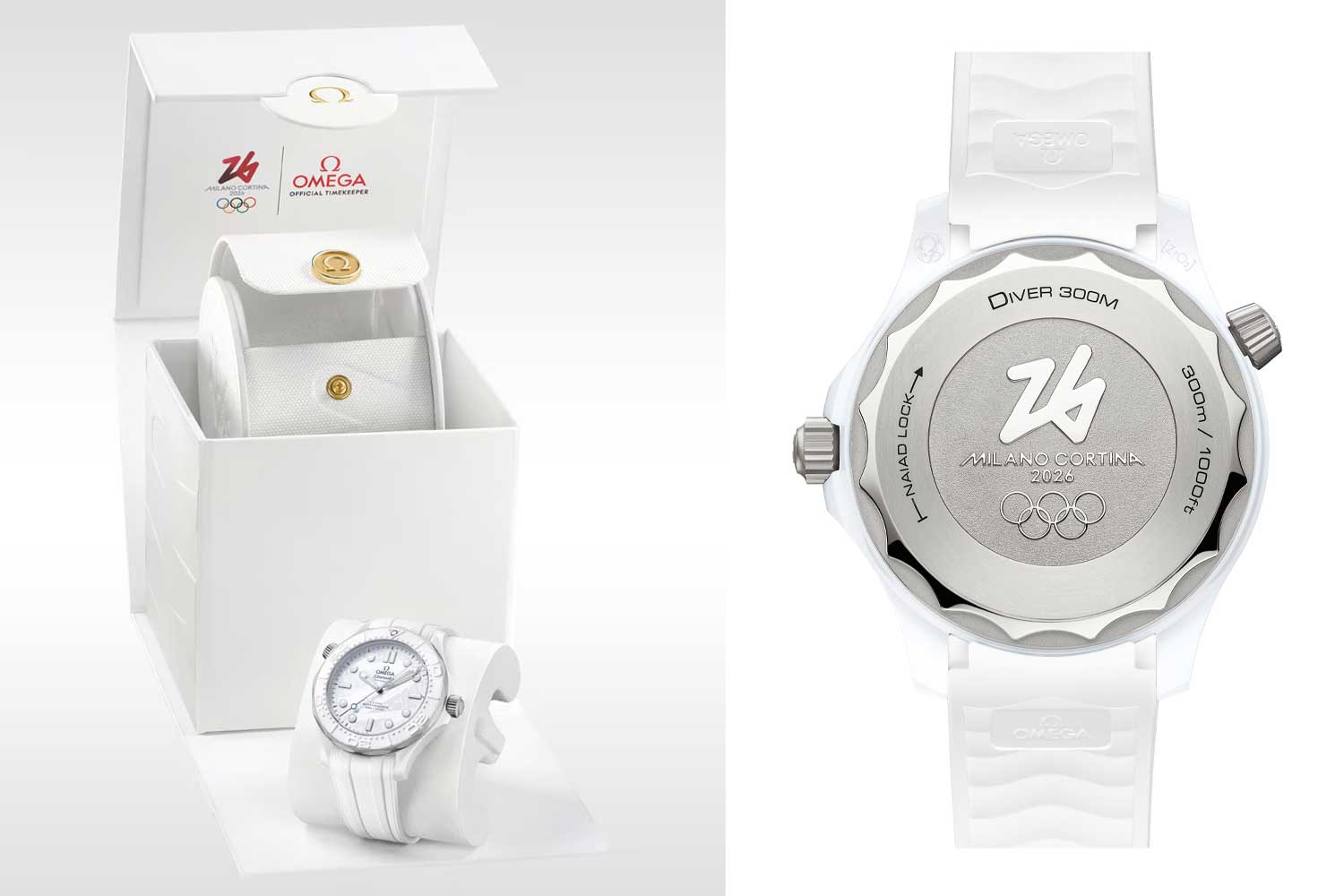 Seamaster Diver 300M Mailand Cortina 2026 von Omega, Verpackung und Rückseite