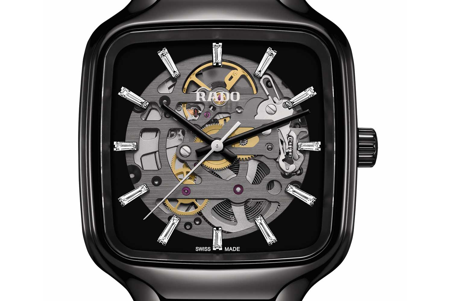 Großaufnahme des Zifferblatts der True Square Skeleton von Rado