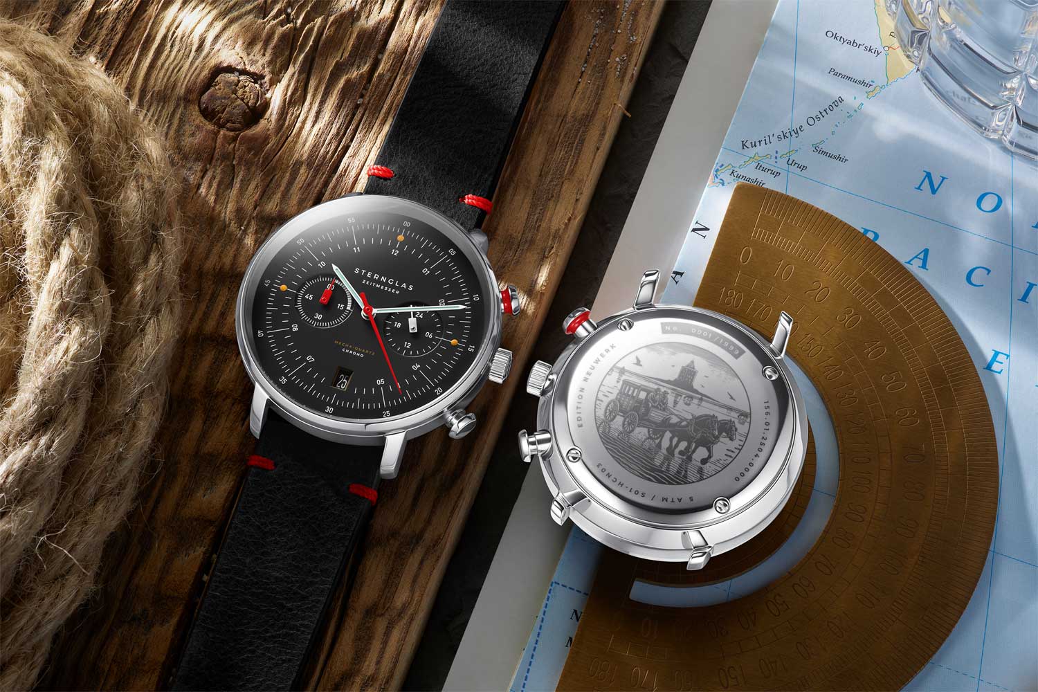 Hamburg Chrono Edition Neuwerk by Sternglas with case back next to it