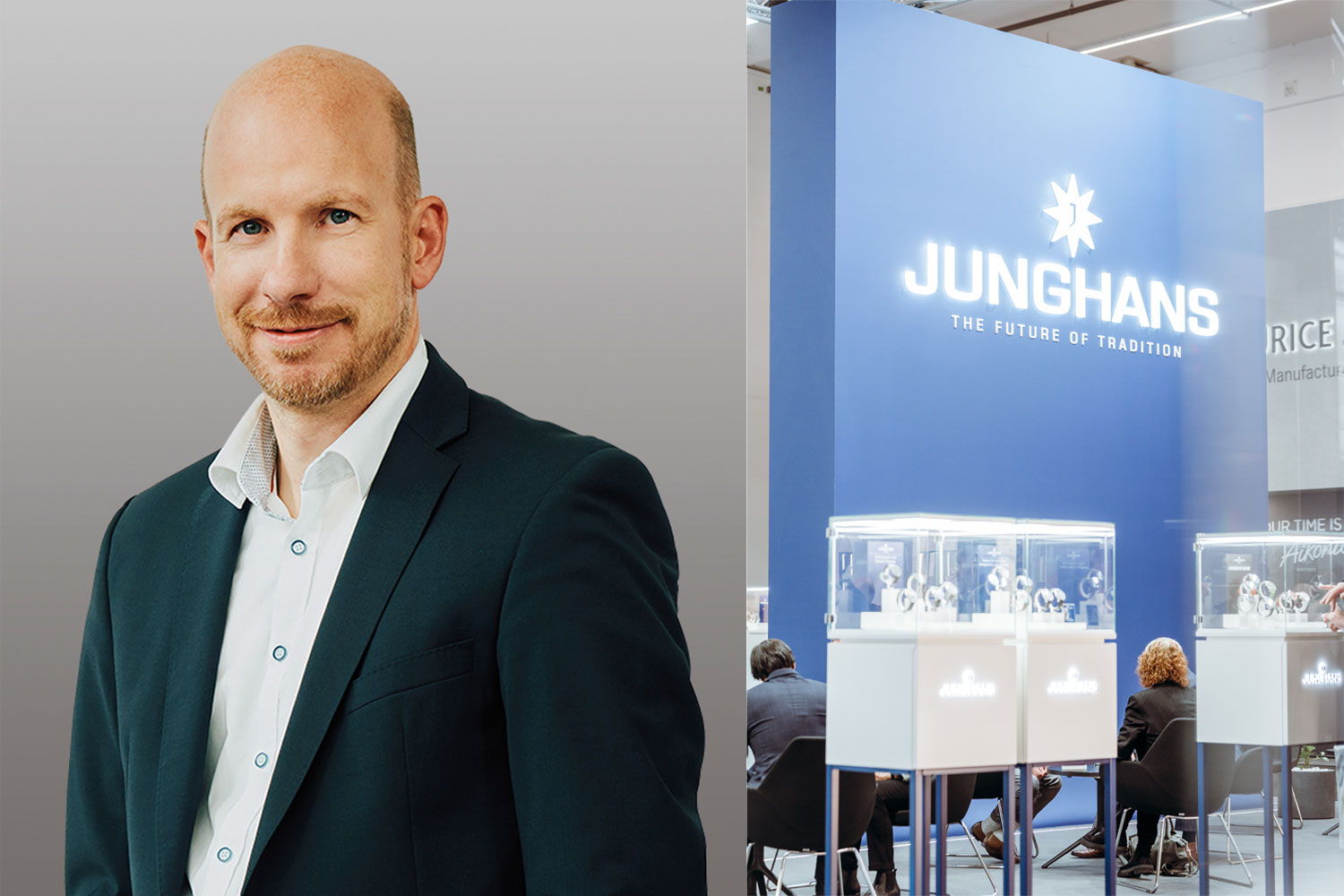 Collage: Hannes Steim (CEO Junghans) und Messestand Inhorgenta