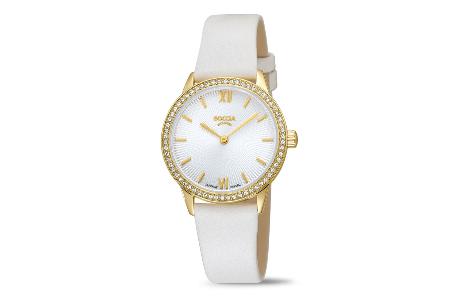 Uhr von Boccia Titanium mit weißem Zifferblatt, Kristalsteinen auf der Lünette, goldplattiertem Titan-Gehäuse und weißem Armband.