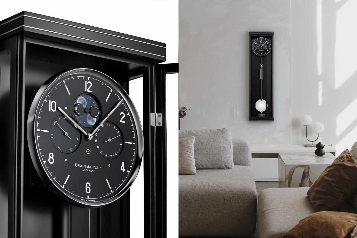 Collage: Detailaufnahme der Classica K100 II M von Erwin Sattler sowie im Wohnambiente