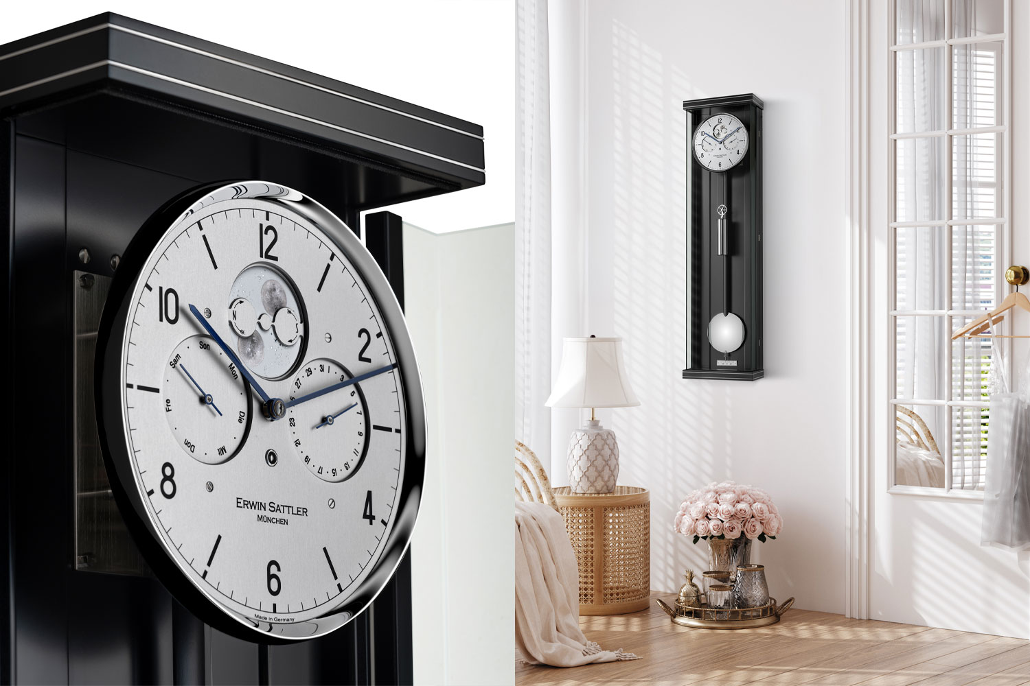Collage: Detailaufnahme des Zifferblatts der Opus K100 II von Erwin Sattler sowie im Wohnambiente