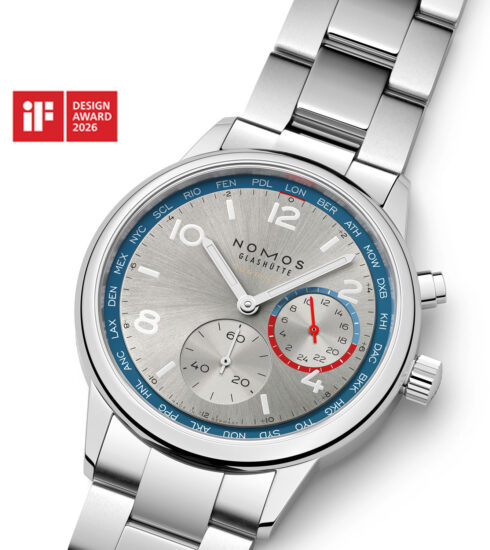 Club Sport neomatik Weltzeit von Nomos Glashütte mit Logo vom iF Design Award 2026