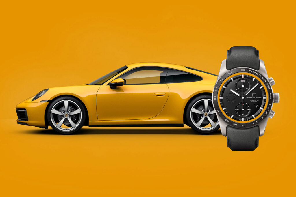 An example of a custom-built timepiece from Porsche Design: a yellow Porsche and a black-and-yellow watch