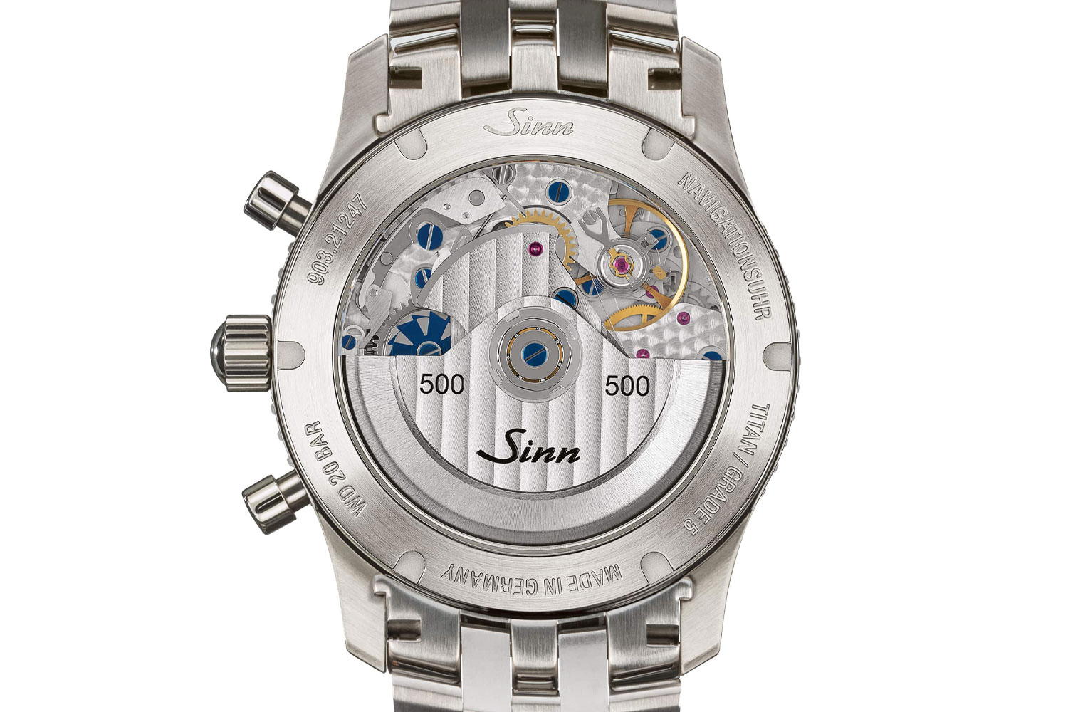 Rückseite der 903 Ti II Jubiläum von SINN, Blick auf das Schaltradchronographenwerk LJP L112
