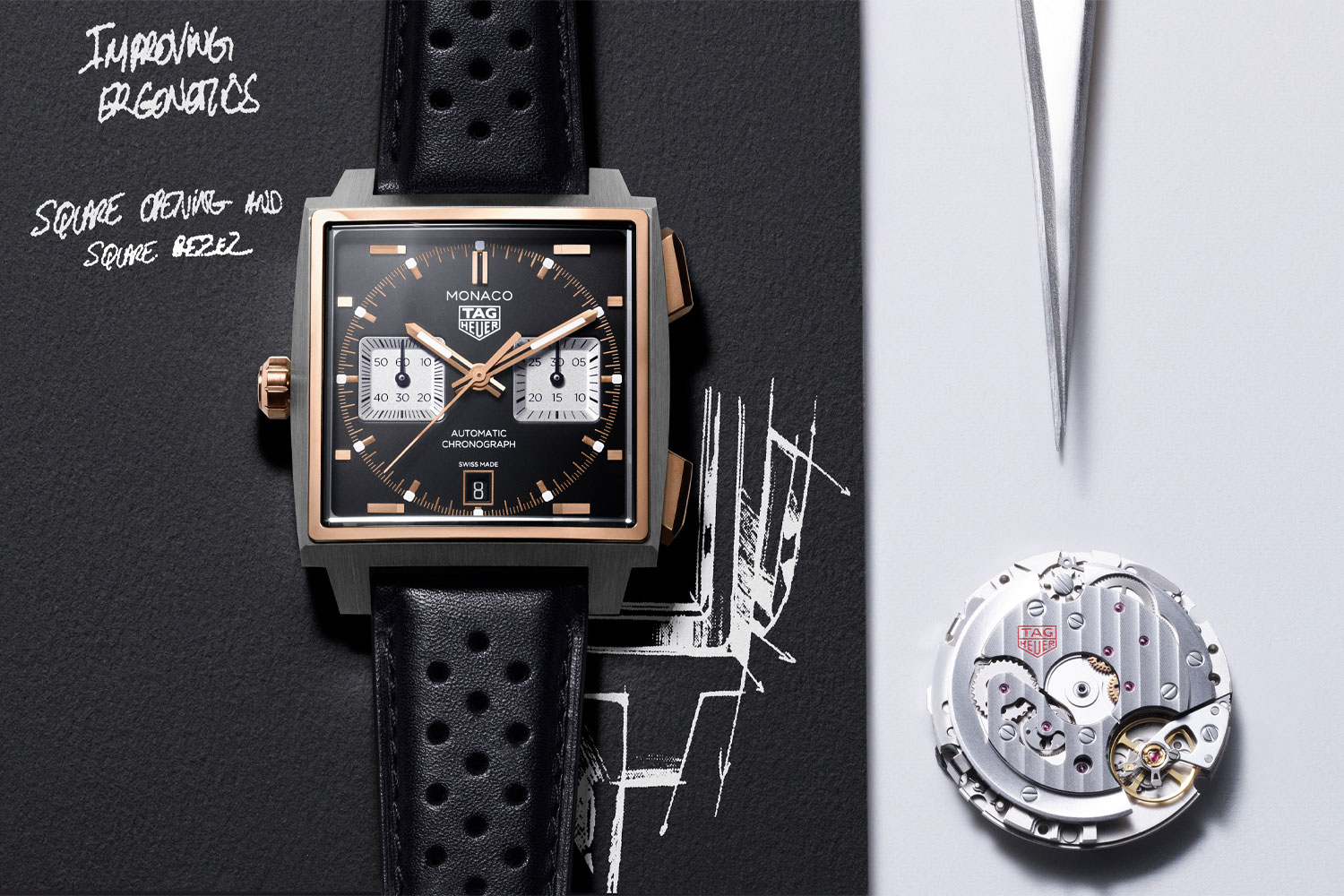 Monaco von TAG Heuer mit blauem Zifferblatt und Gehäuse aus Titan und Roségold