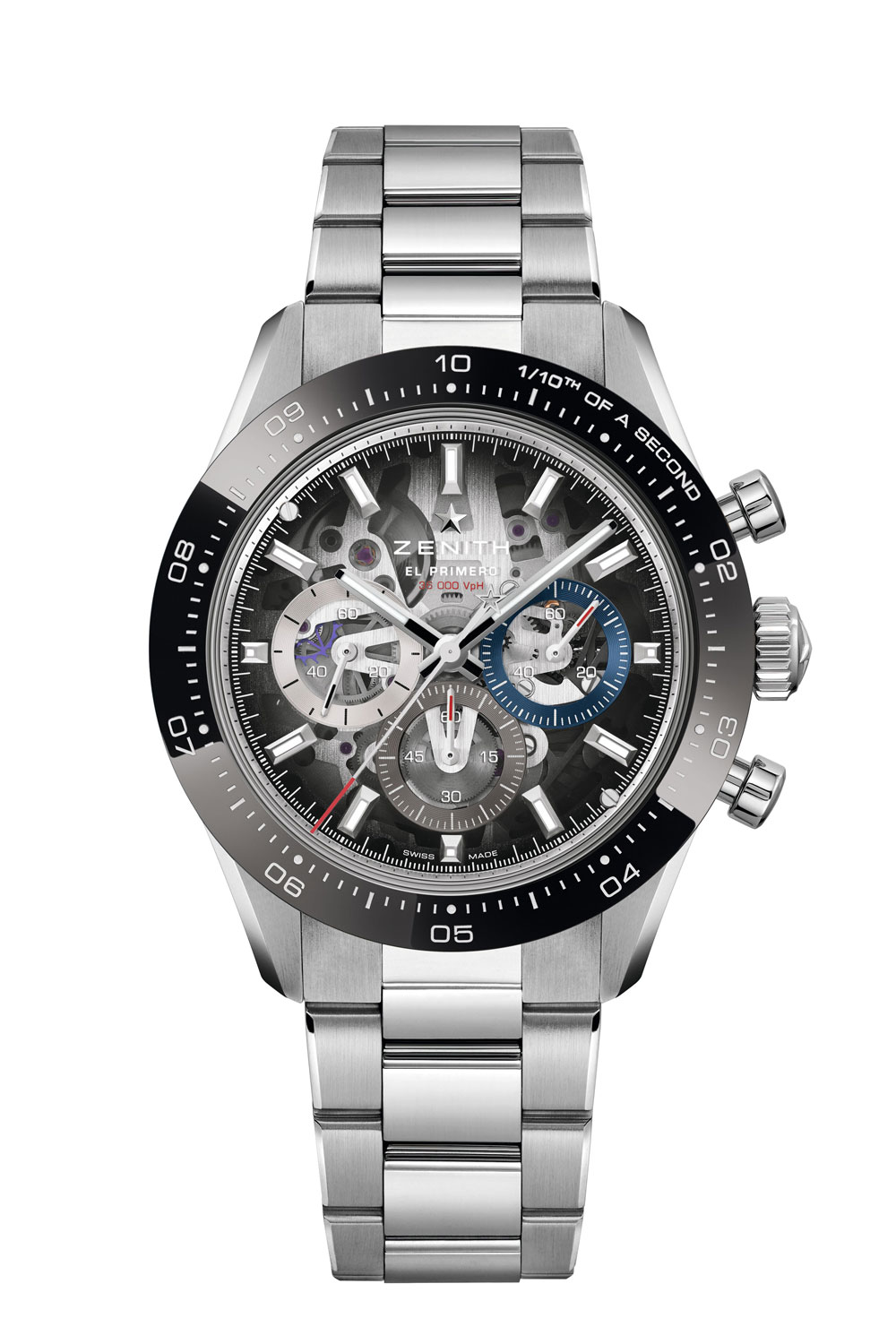 Zenith Chronomaster Sport Skeleton, made of stainless steel with a black ceramic bezel