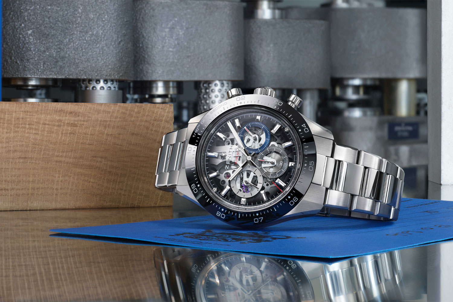 Zenith Chronomaster Sport Skeleton, made of stainless steel with a black ceramic bezel