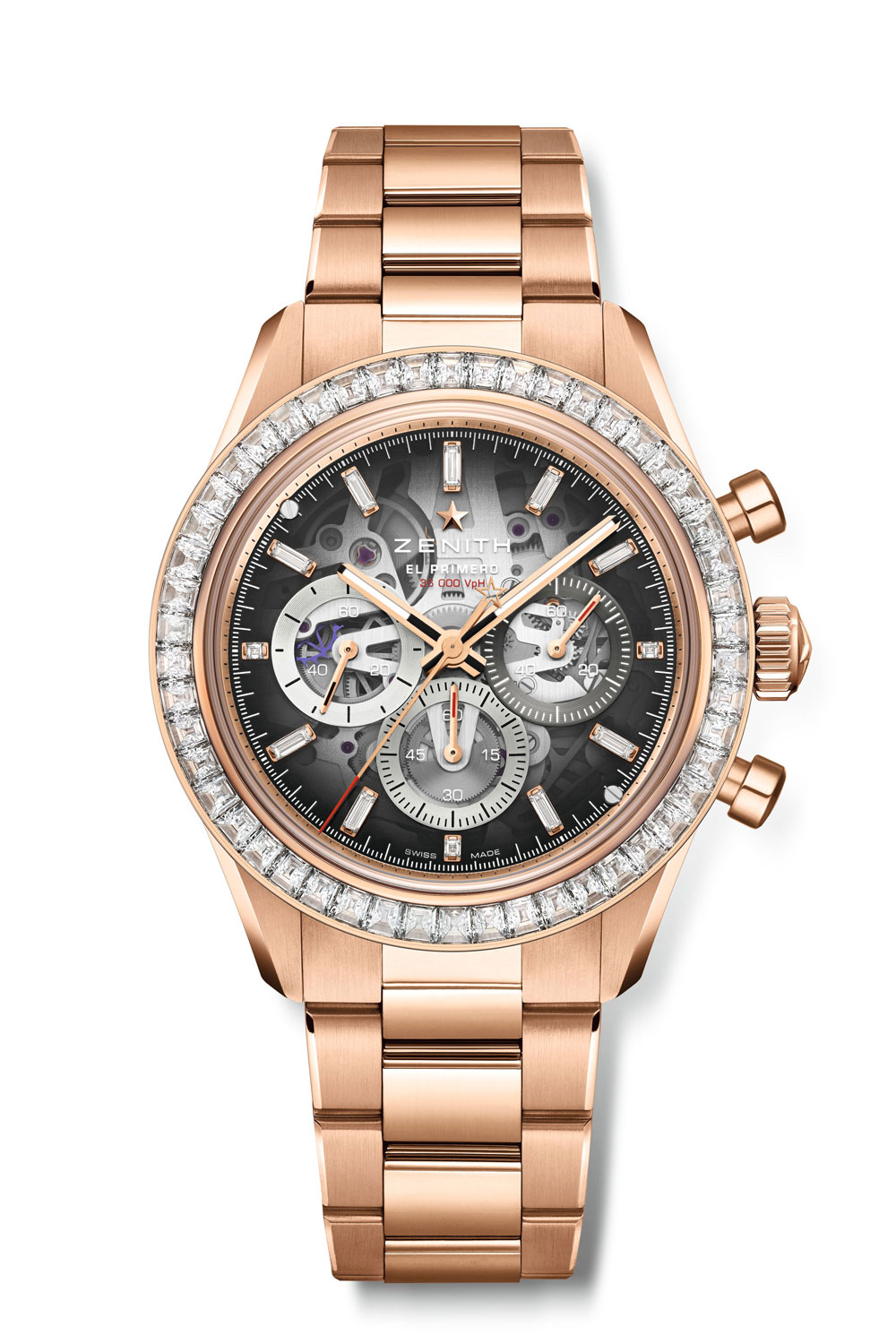 Zenith Chronomaster Sport Skeleton, with a rose gold case and bracelet and a diamond bezel