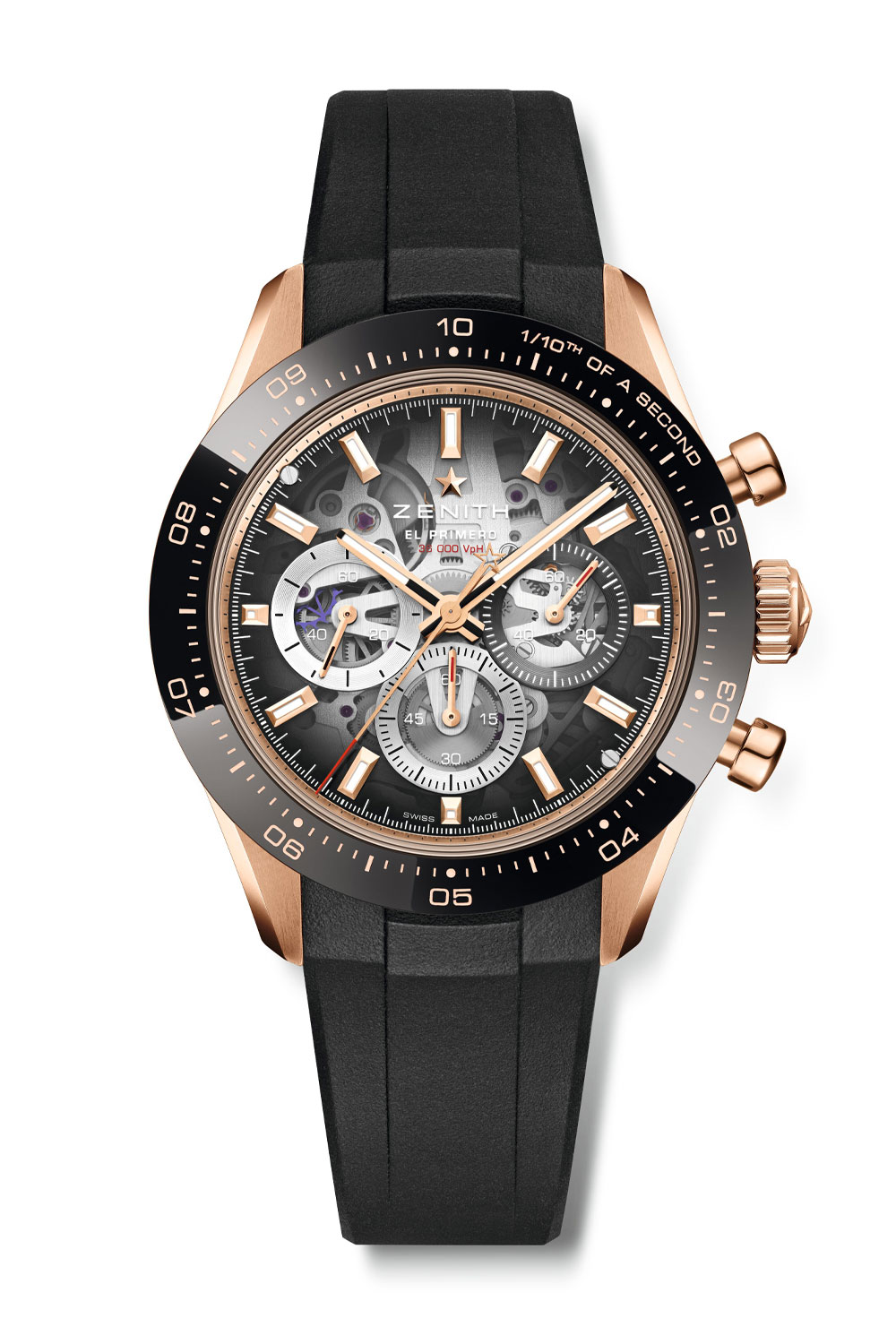Zenith Chronomaster Sport Skeleton, with a rose gold case and black rubber strap
