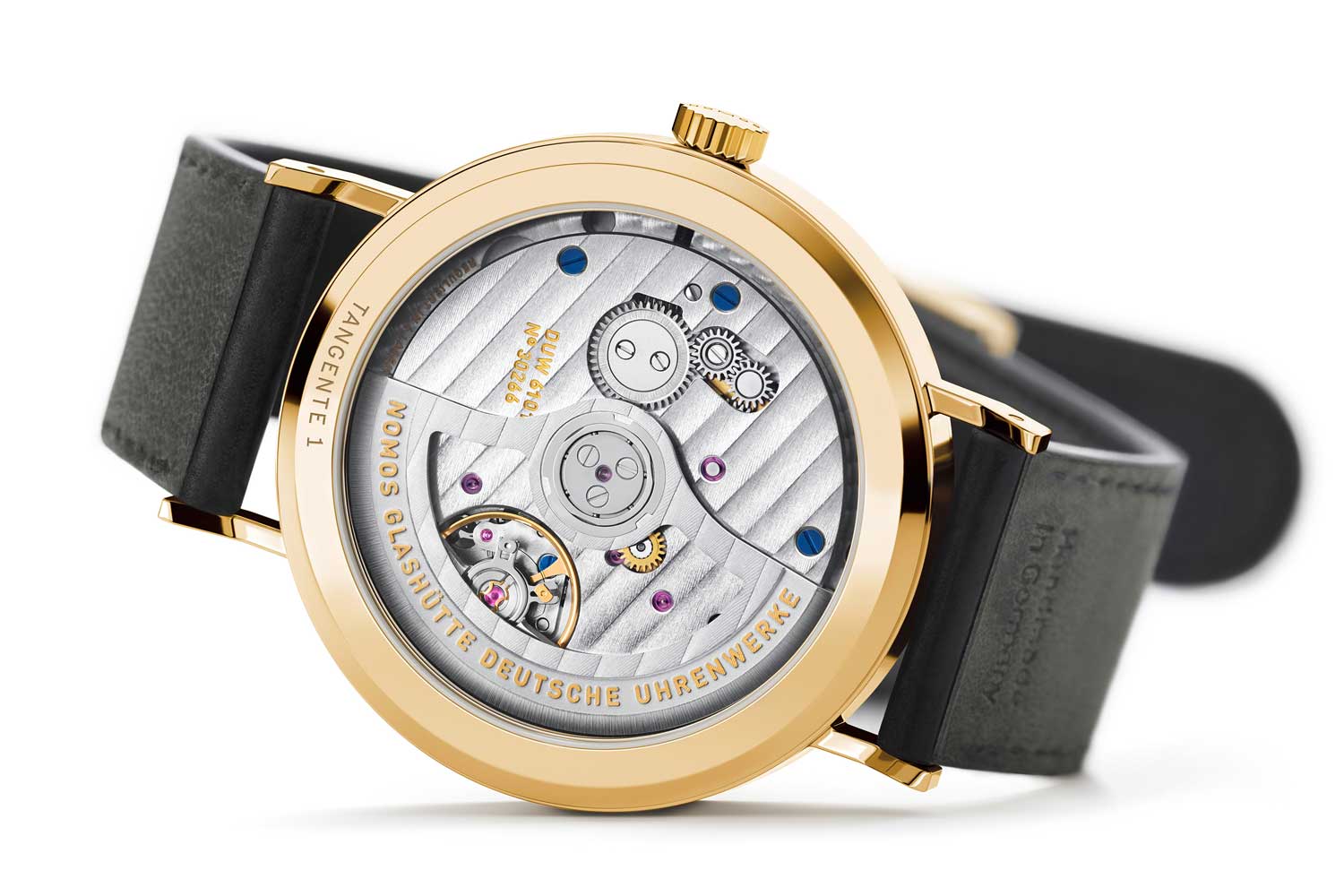 Blick durch den Saphierglasboden der Tangente neomatik Update von Nomos Glashütte auf das DUW 6101