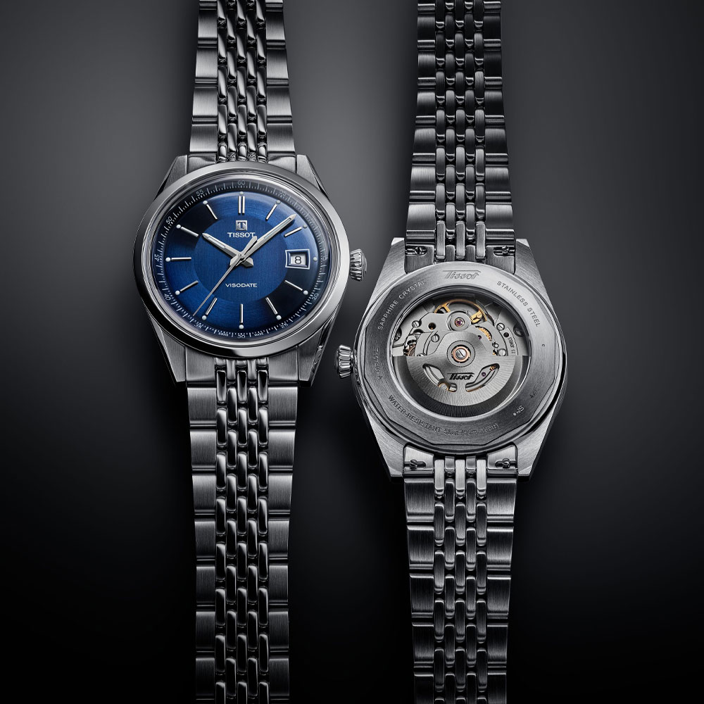 Visodate von Tissot mit blauem Zifferblatt, von vorne und hinten