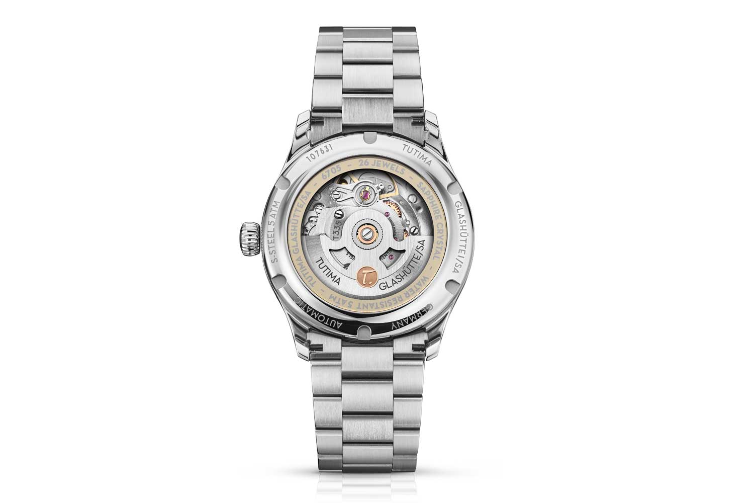 Blick durch den Saphirglasboden der Sky von Tutima Glashütte aif das Kaliber M335