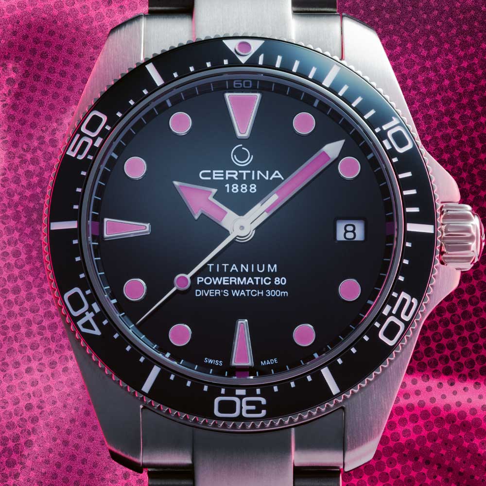 Certina DS Action Diver 38 mm Titanium, close-up of the dial