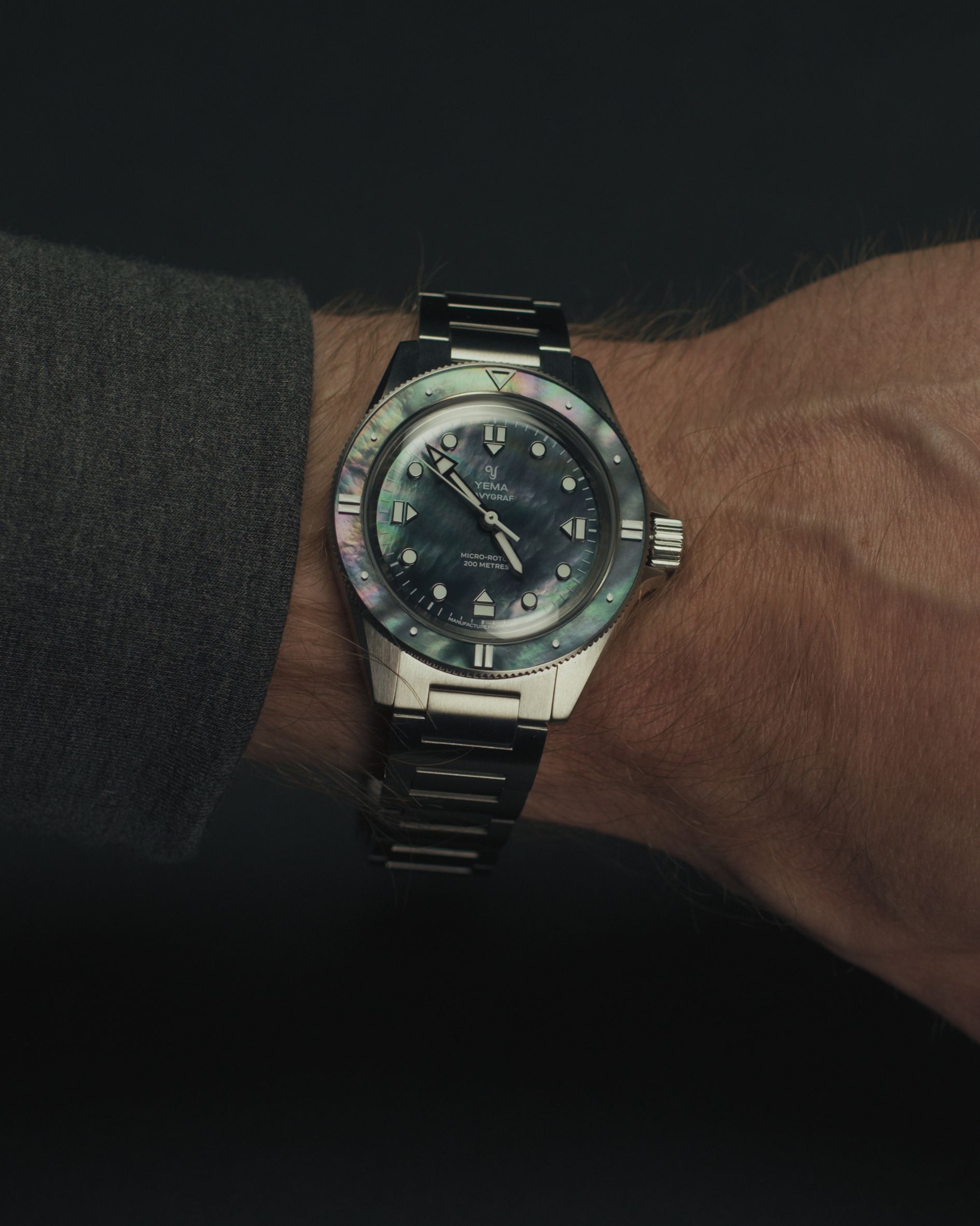 YEMA Navygraf Pearl CMM.20 wrist shot featuring a mother-of-pearl dial