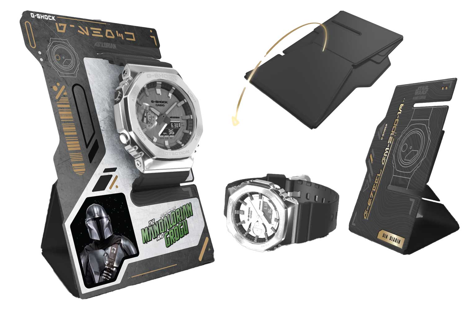 G-SHOCK: G-STEEL GM-2100, The Mandalorian and Grogu“ , Uhr auf Uhrenständer