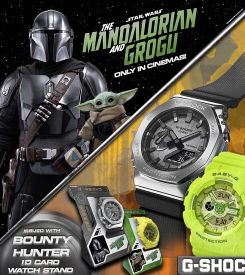 Kampagnenmotiv zur limitierten „The Mandalorian and Grogu“-Kollektion der Casio-Marken G-Shock und Baby-G