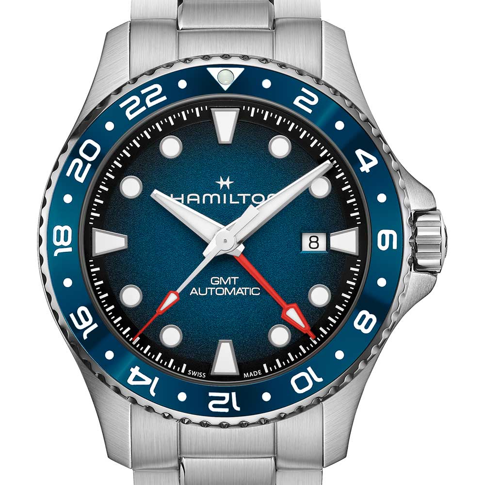 Hamilton Khaki Navy Scuba Auto GMT, close-up of the blue dial