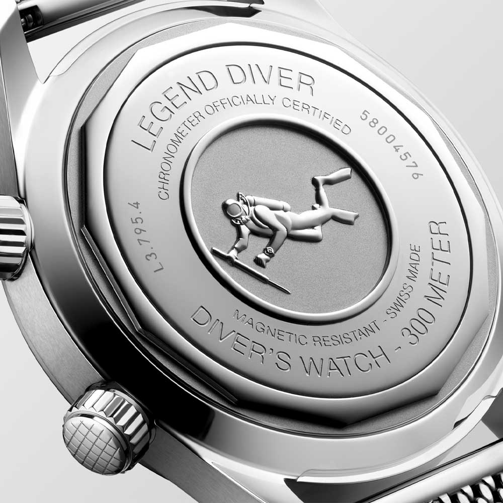 Longines Legend Diver 59, back featuring an embossed diving motif