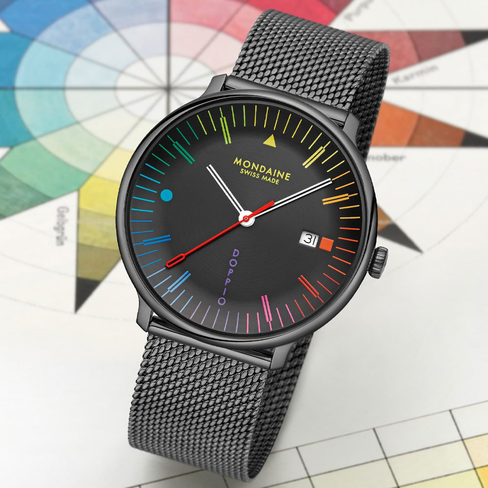Doppio Bauhaus mit schwarzem Zifferblatt von Mondaine