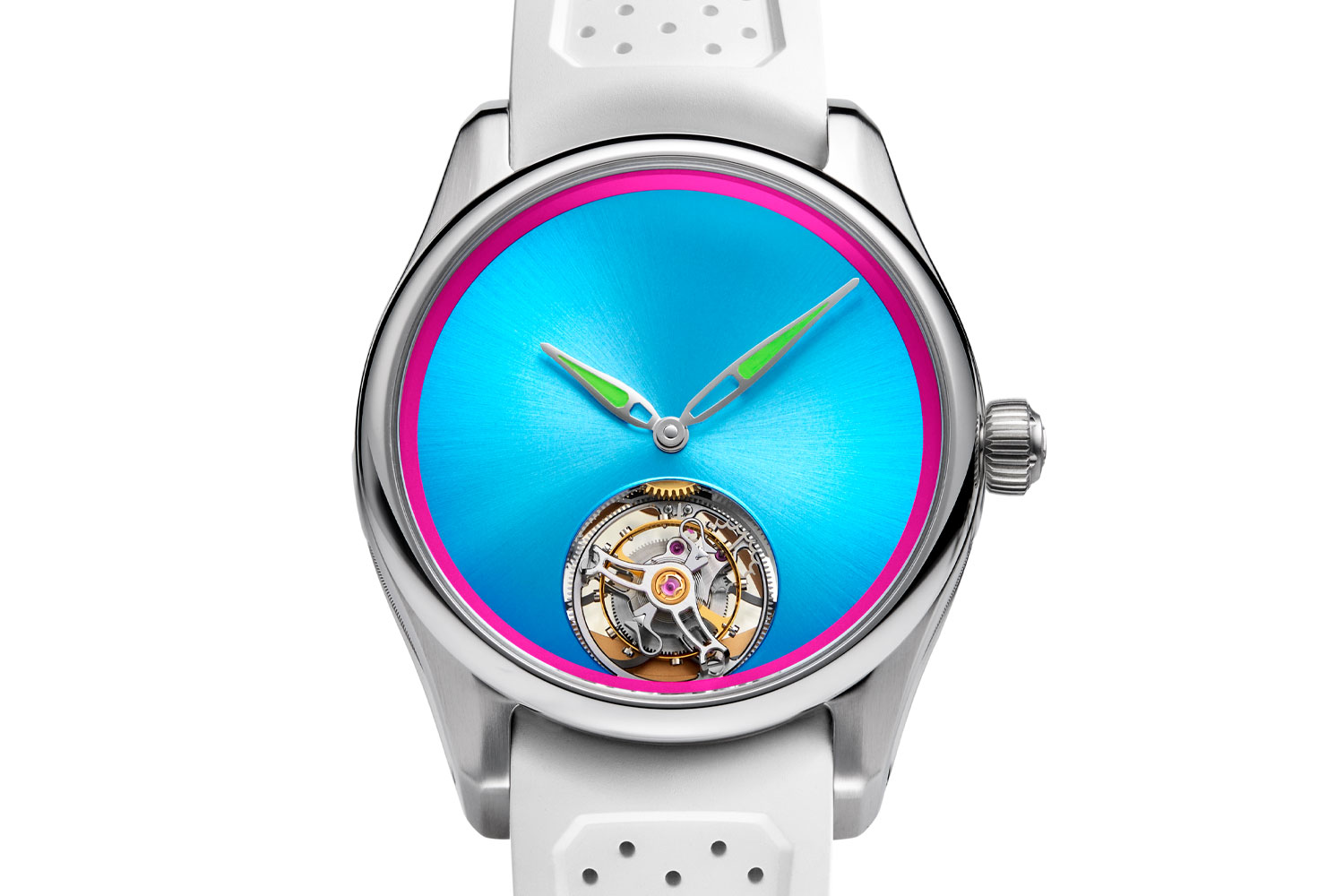 Pioneer Tourbillon Miami von Bucherer x H. Moser & Cie. mit weißem Kautschukband