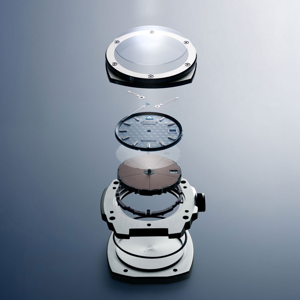 Exploded view of the watch head of the Alpiner Extreme Solarmetre by Alpina