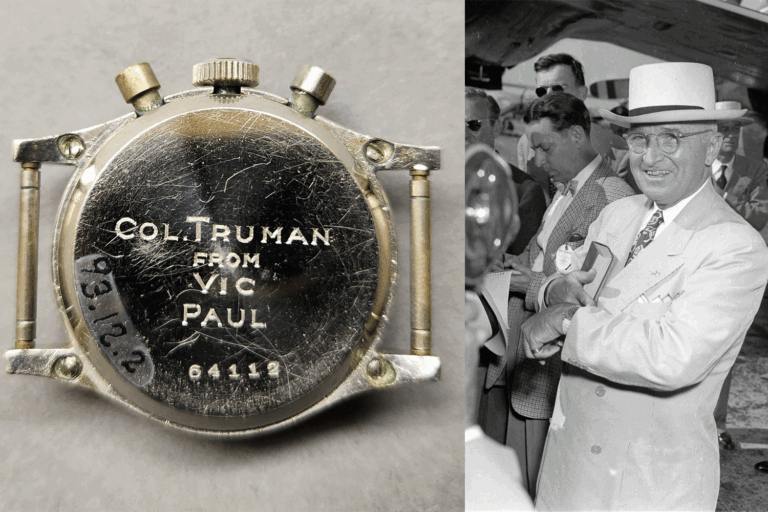 Collage: The back of a Gallet watch featuring President Truman and President Truman