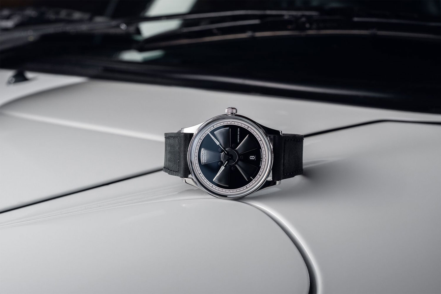 Noramis Date Limited Edition Petro Surf 2026 by Union Glashütte, resting on a hood