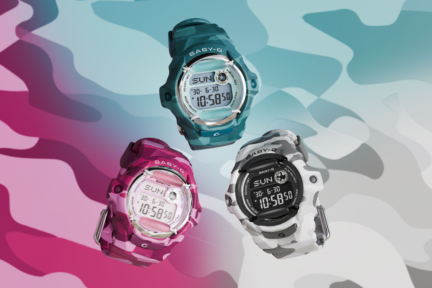 3 Baby-G-Modelle in Pink, Petrol und Grau mit Camouflage-Muster