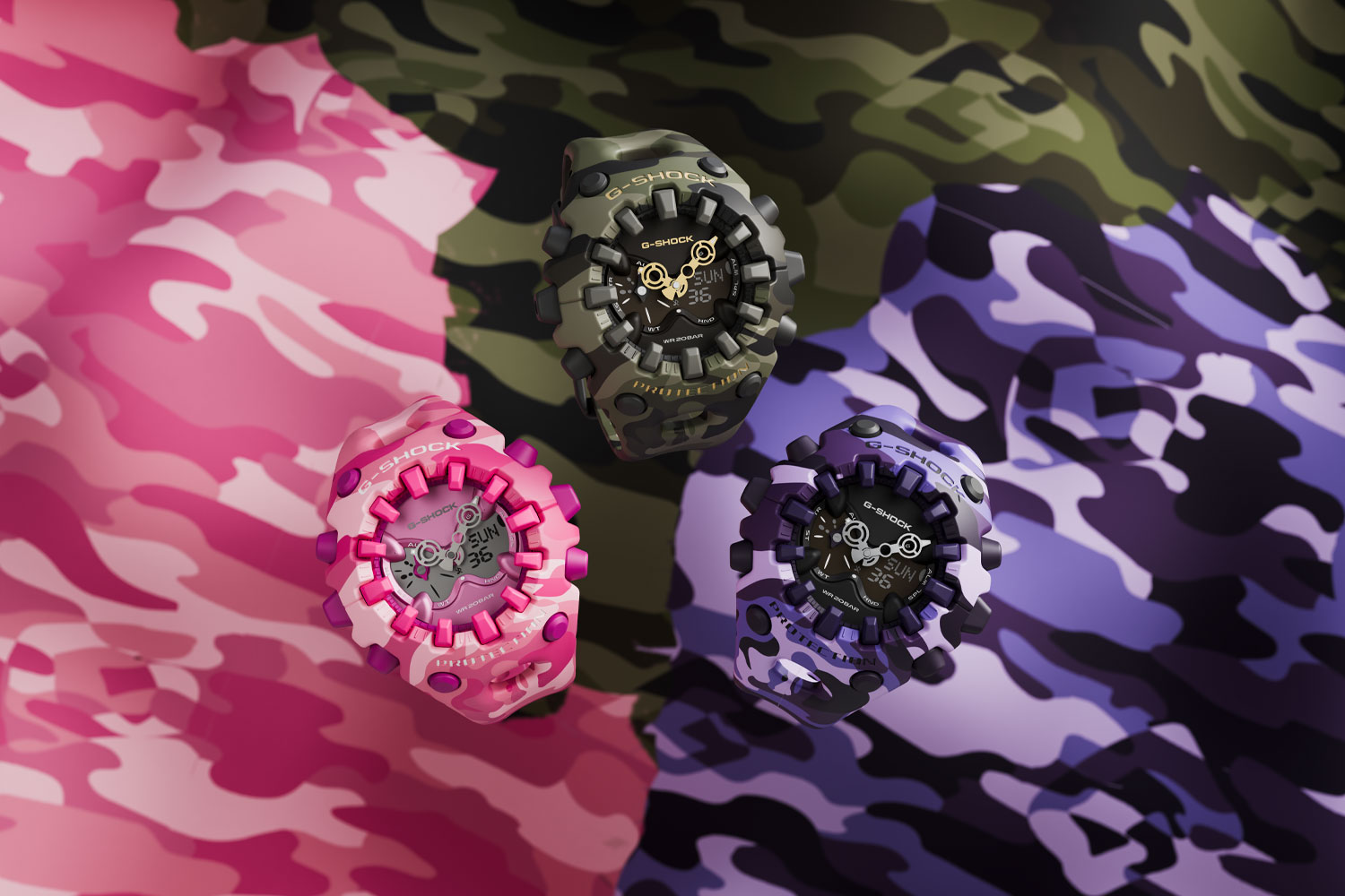 3 GV-V01-Uhren von G-Shock in Pink, Grüm umd Violett mit Camouflage-Muster
