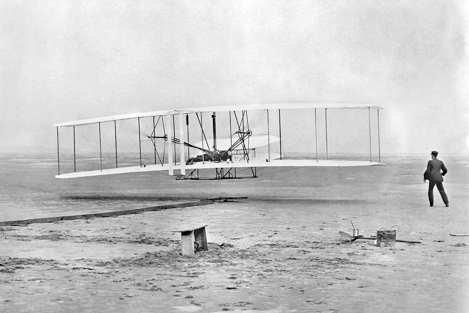 Historical photo of the Wright brothers' airplane
