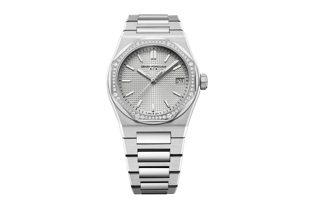 Girard-Perregaux Laureato Fifty 36 mm with a silver-colored dial and diamond bezel