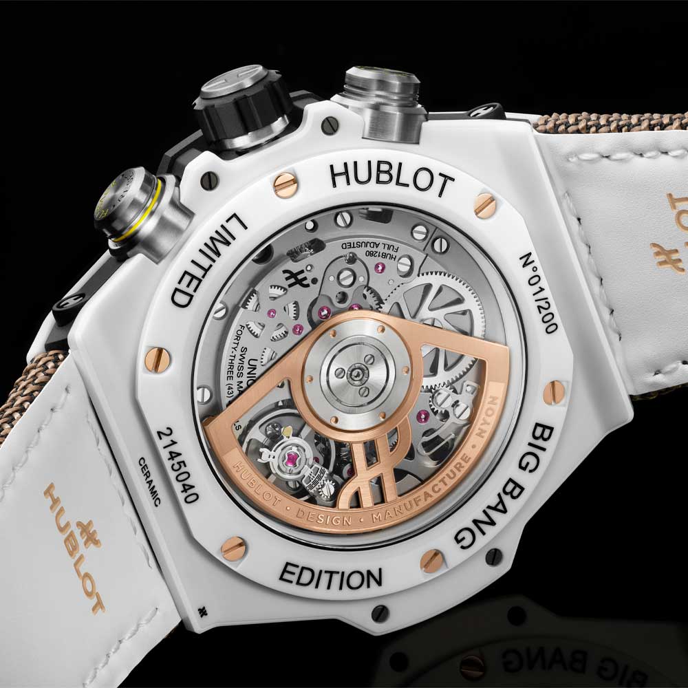 A view through the sapphire crystal case back of the Hublot Big Bang Reloaded Kylian Mbappé, revealing the HUB 1280 UNICO caliber