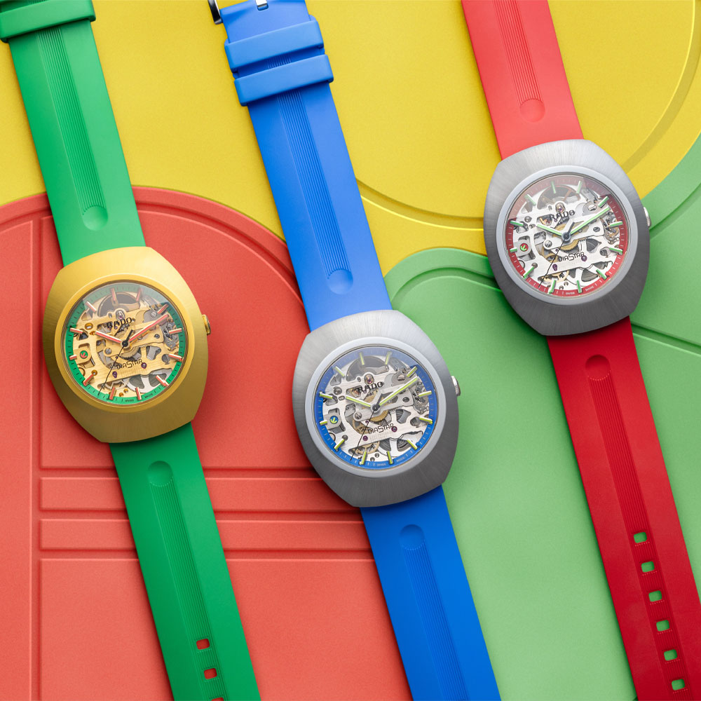 3 Modelle der Rado DiaStar Original Skeleton mit farbigem Rehaut und Kautschukband