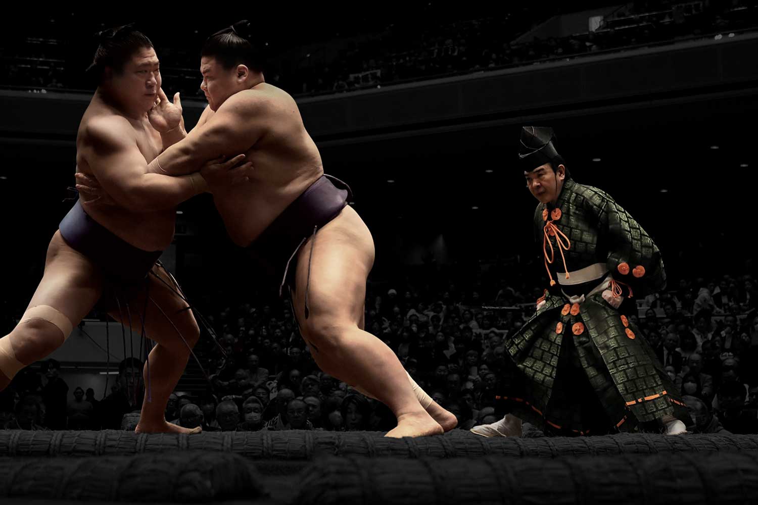 Sumo wrestlers in action